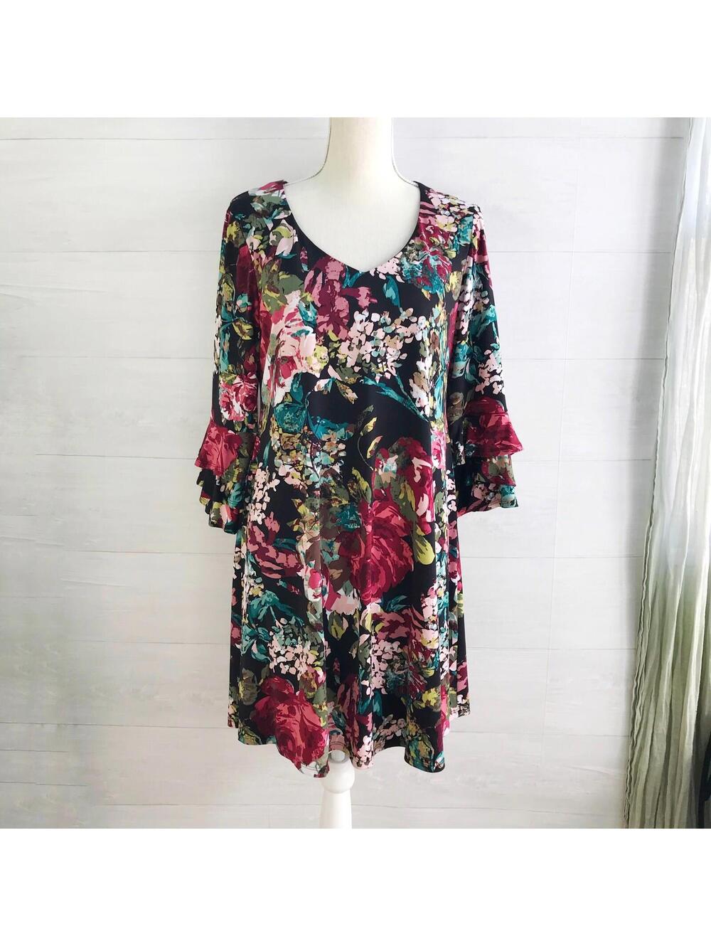 Connected Apparel Black Floral V Neck Ruffle Sleeve Shift Dress 10P Petite